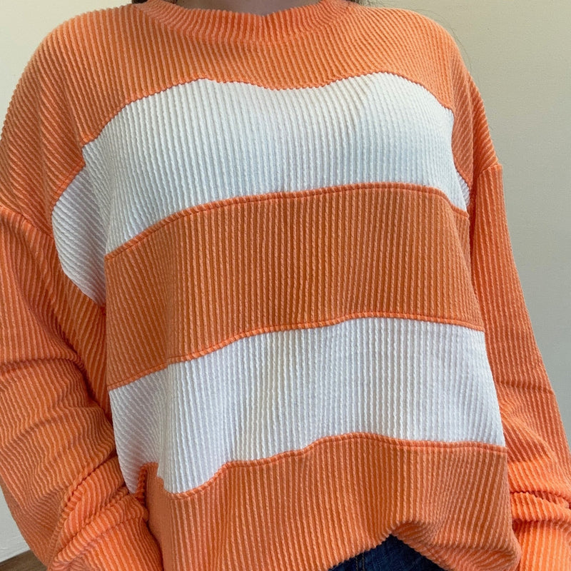 Orange & White Ribbed Striped Long Sleeve Shirt - Country Lace Boutique