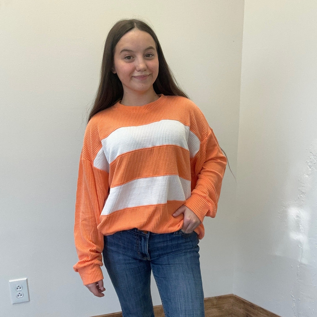 Orange & White Ribbed Striped Long Sleeve Shirt - Country Lace Boutique