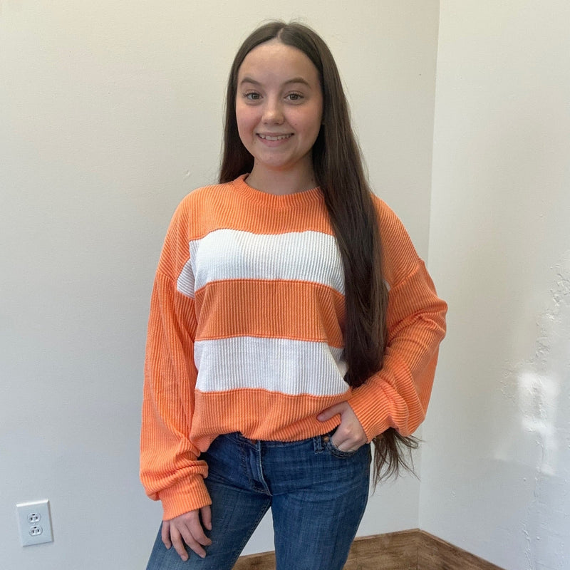 Orange & White Ribbed Striped Long Sleeve Shirt - Country Lace Boutique