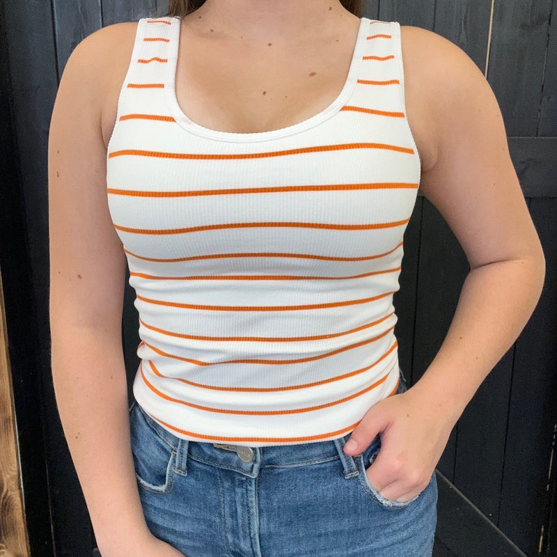 Orange & White Striped Ribbed Tank Top with Built in Bra - Country Lace Boutique
