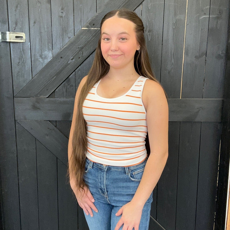 Orange & White Striped Ribbed Tank Top with Built in Bra - Country Lace Boutique