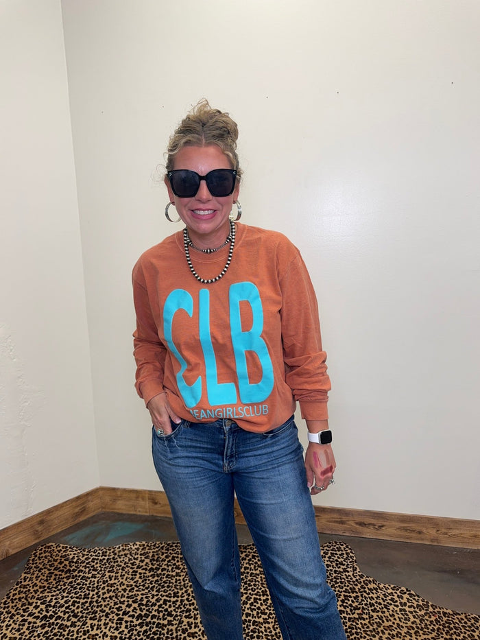 Orange Yam with Turquoise CLB "meangirlsclub" Comfort Color Long SleeveT-shirt - Country Lace Boutique