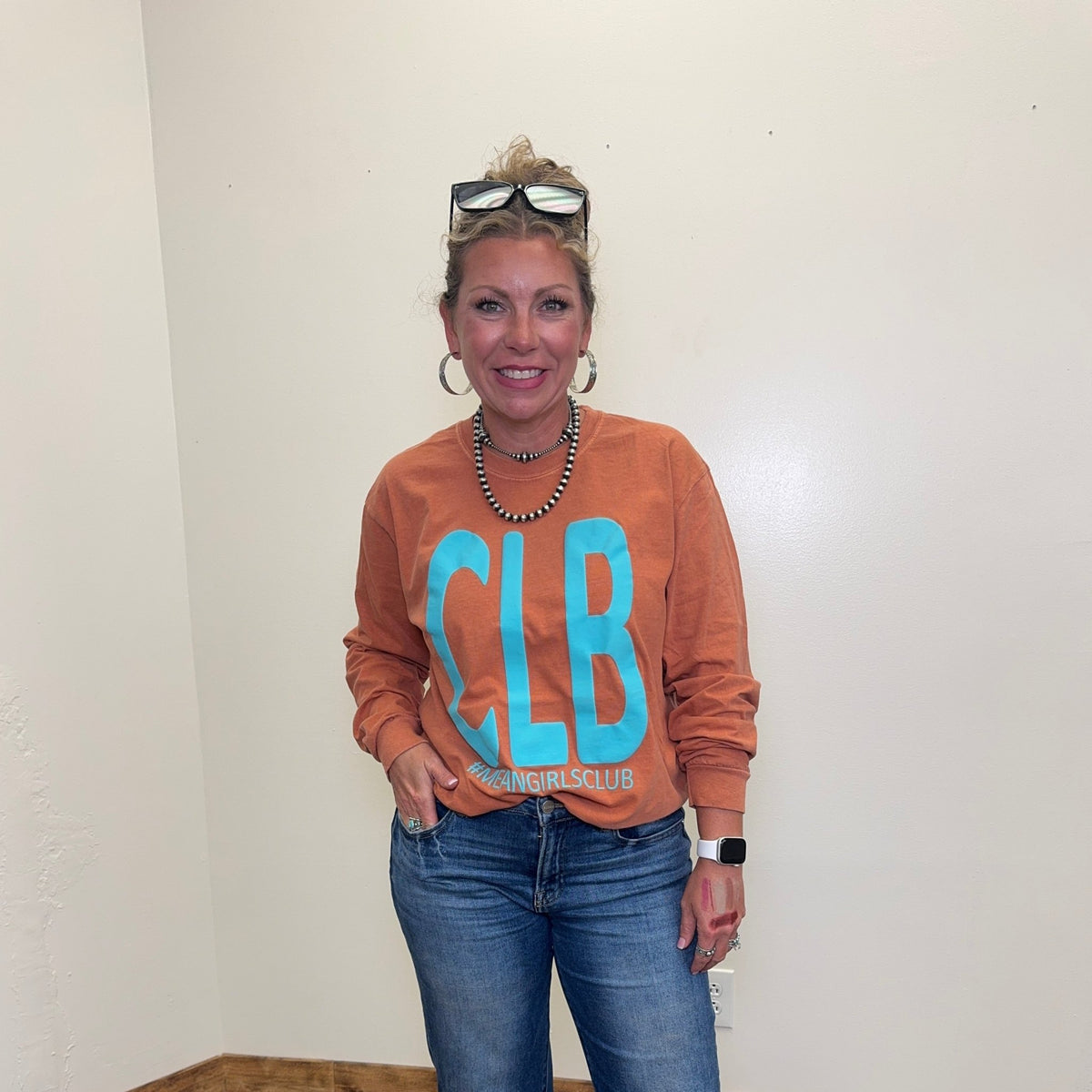 Orange Yam with Turquoise CLB "meangirlsclub" Comfort Color Long SleeveT-shirt - Country Lace Boutique