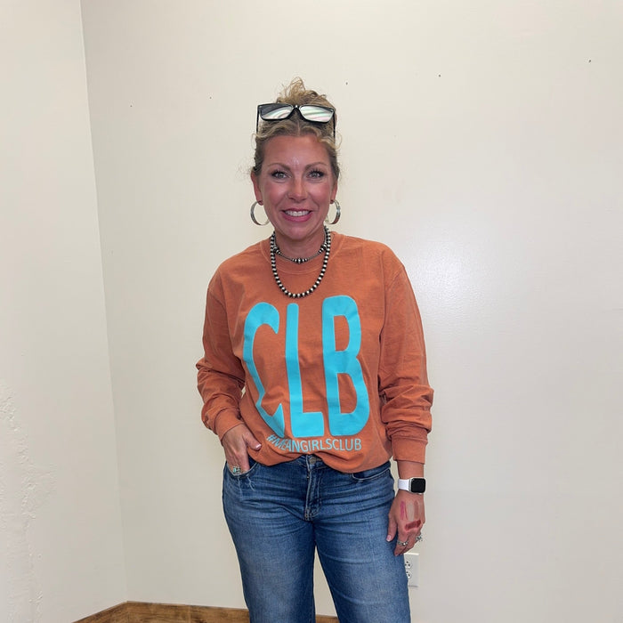 Orange Yam with Turquoise CLB "meangirlsclub" Comfort Color Long SleeveT-shirt - Country Lace Boutique