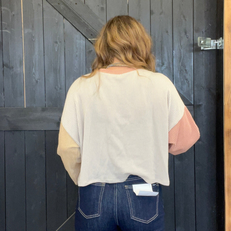 Orange & Yellow Ribbed Color Block Long Sleeve Crop Shirt - Country Lace Boutique