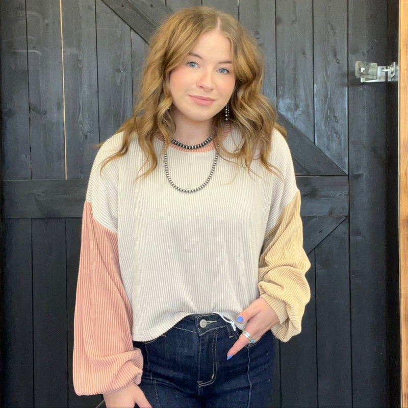 Orange & Yellow Ribbed Color Block Long Sleeve Crop Shirt - Country Lace Boutique