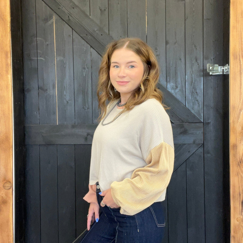 Orange & Yellow Ribbed Color Block Long Sleeve Crop Shirt - Country Lace Boutique