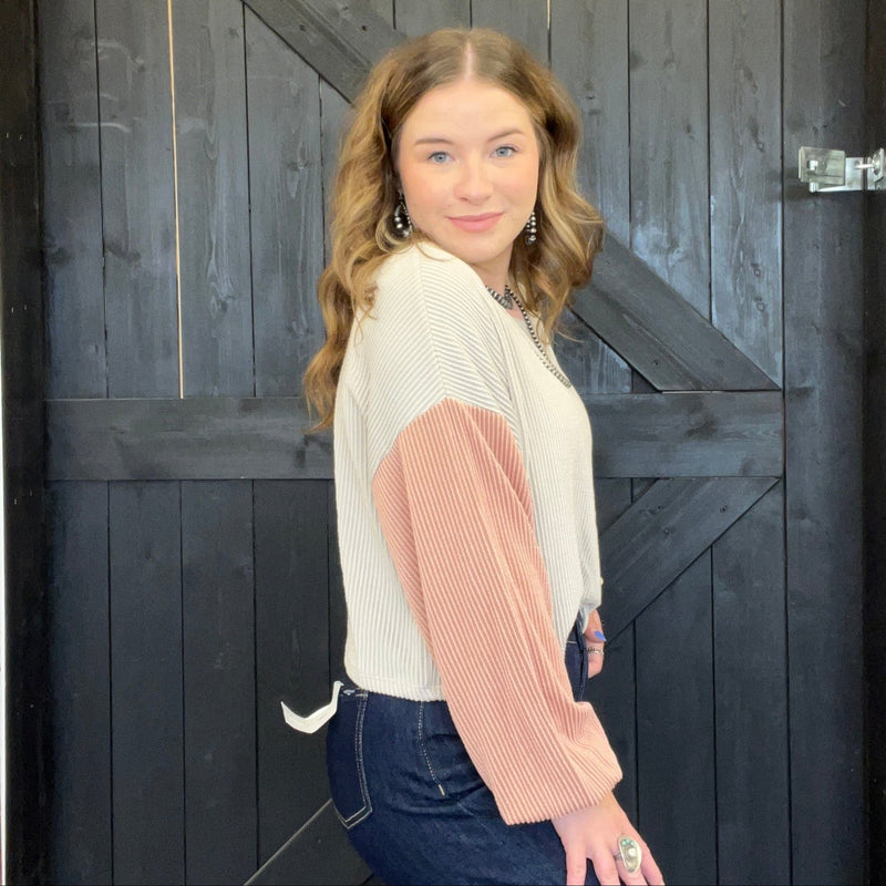 Orange & Yellow Ribbed Color Block Long Sleeve Crop Shirt - Country Lace Boutique