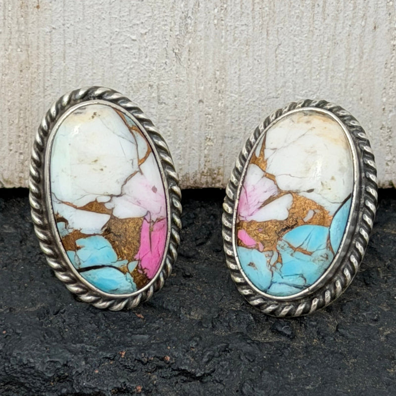 Oval Cotton Candy Turquoise Rope Detail Post Genuine Sterling Silver Earring - Country Lace Boutique