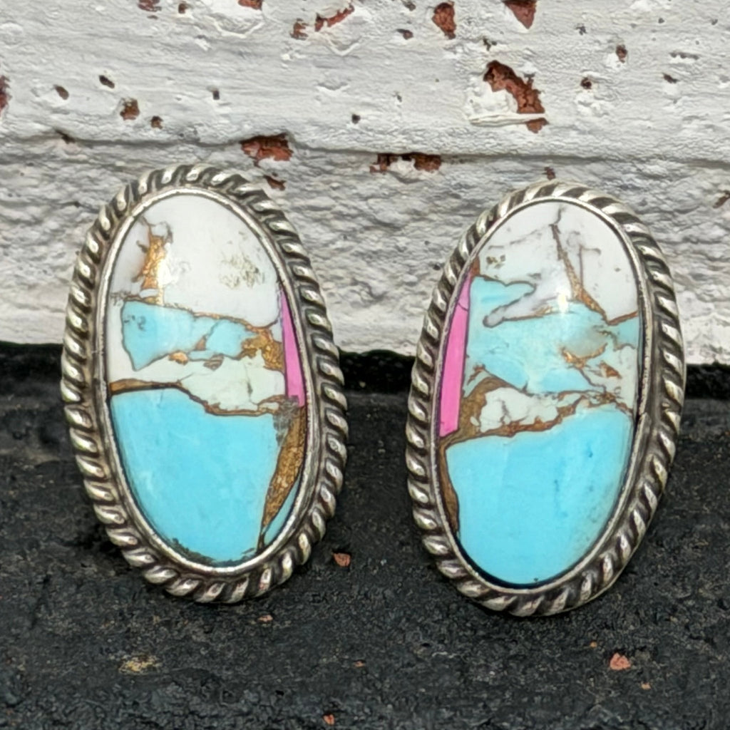 Oval Cotton Candy Turquoise Rope Detail Post Genuine Sterling Silver Earring - Country Lace Boutique