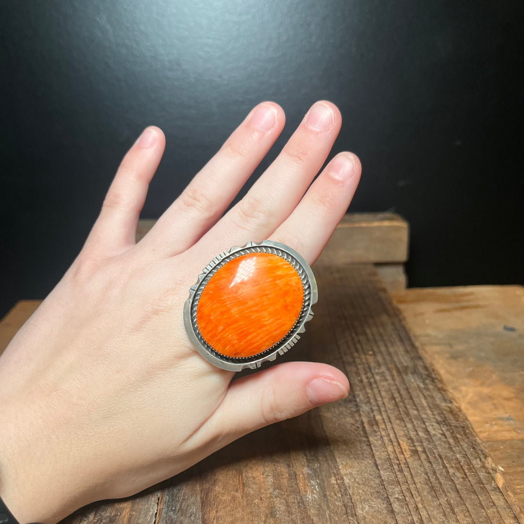 Oval Orange Spiny Sterling Silver Ring Adjustable - Country Lace Boutique