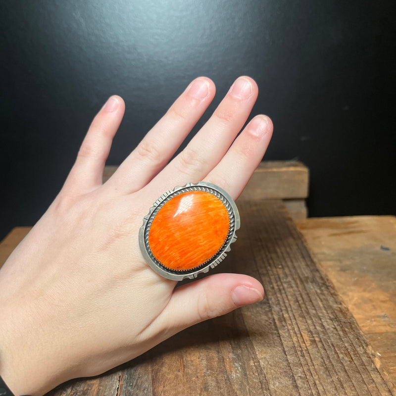Oval Orange Spiny Sterling Silver Ring Adjustable - Country Lace Boutique