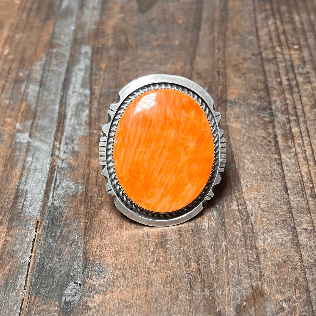 Oval Orange Spiny Sterling Silver Ring Adjustable - Country Lace Boutique