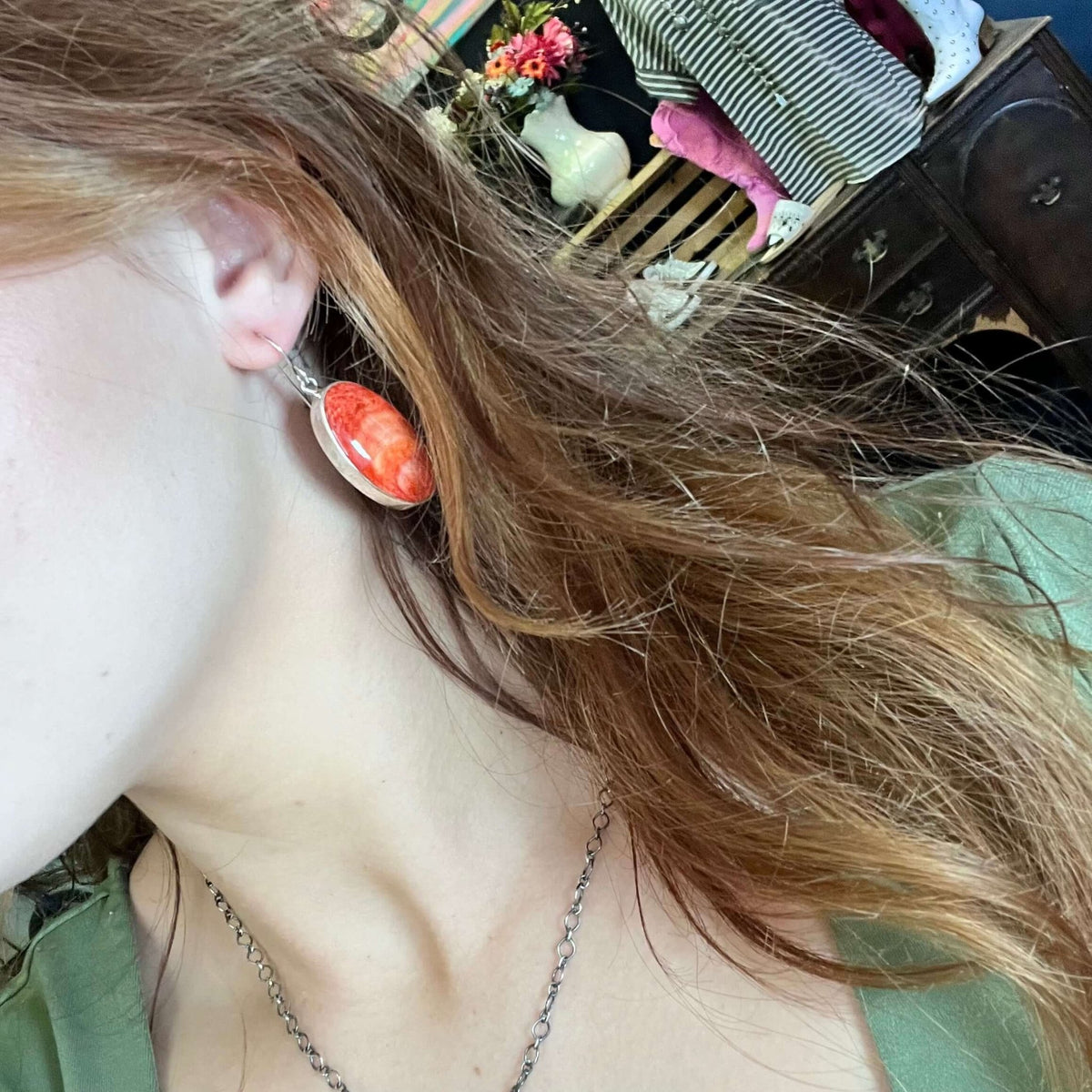 Oval Red Spiny French Hook Sterling Silver Earring - Country Lace Boutique