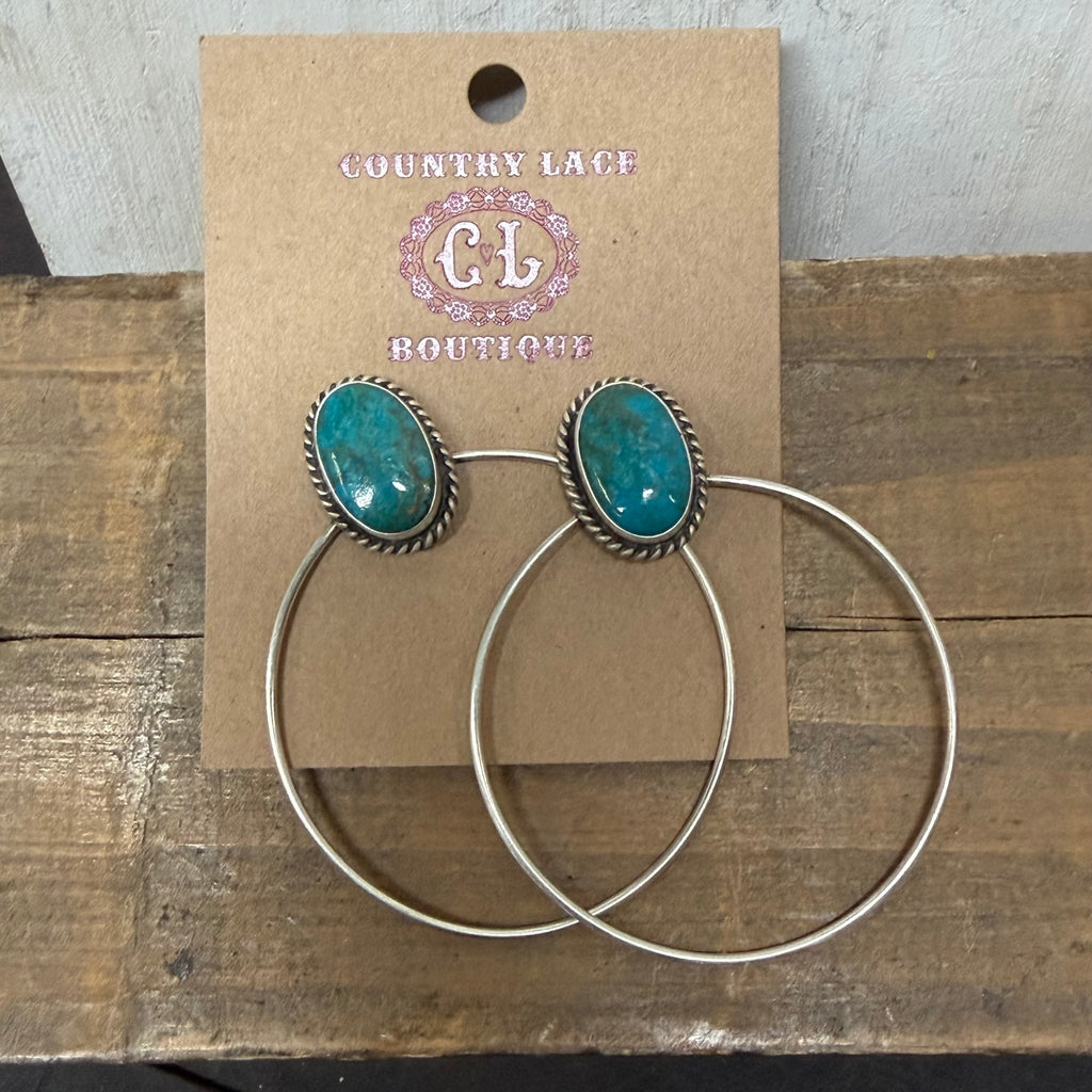 Oval Turqquoise Hoop Post Sterling Silver Earring - Country Lace Boutique