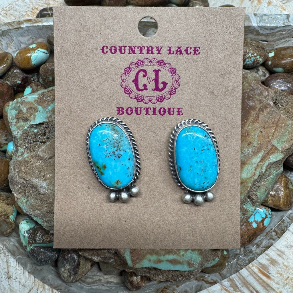 Oval Turquoise with Rope Detail Post Sterling Silver Earring - Country Lace Boutique