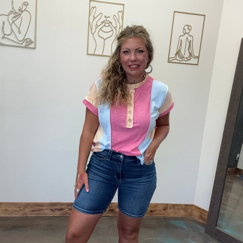 Pastel Inside Out Half Button Shortsleeve Top - Country Lace Boutique