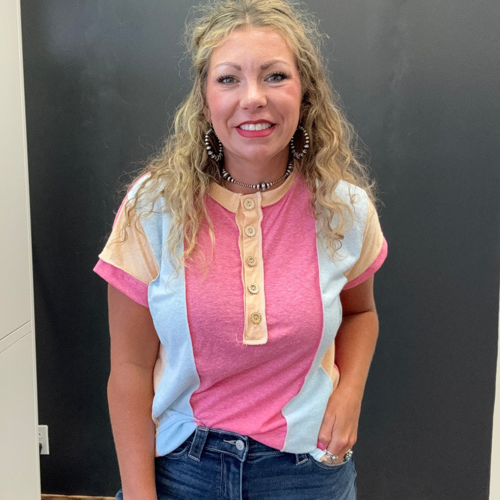 Pastel Inside Out Half Button Shortsleeve Top - Country Lace Boutique