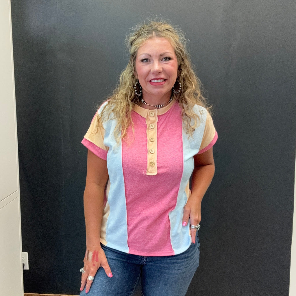 Pastel Inside Out Half Button Shortsleeve Top - Country Lace Boutique
