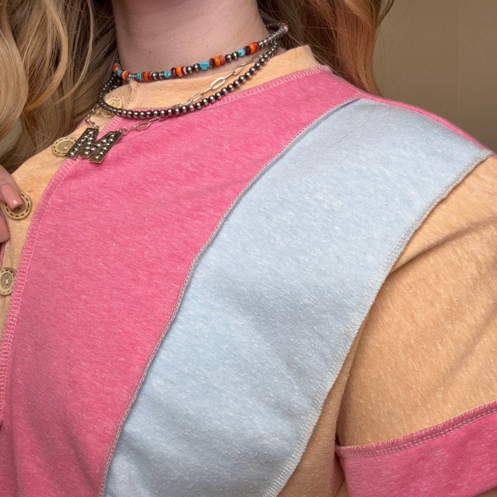 Pastel Inside Out Half Button Shortsleeve Top - Country Lace Boutique