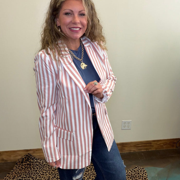 Pink and White Striped Blazer - Country Lace Boutique