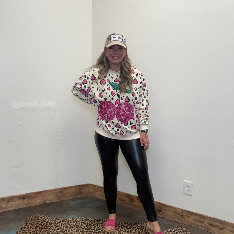 Pink Animal Print W/ Pink Cherry Long Sleeve Sweatshirt - Country Lace Boutique