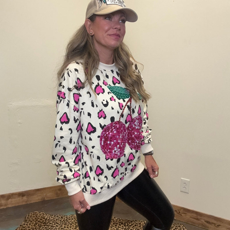 Pink Animal Print W/ Pink Cherry Long Sleeve Sweatshirt - Country Lace Boutique