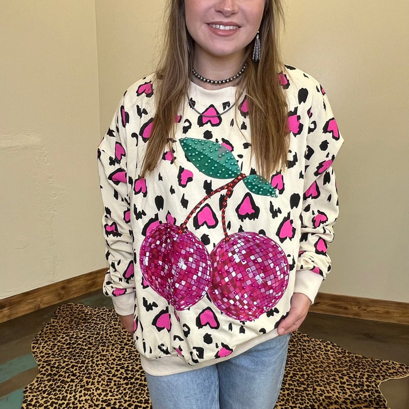 Pink Animal Print W/ Pink Cherry Long Sleeve Sweatshirt - Country Lace Boutique