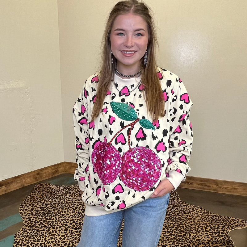 Pink Animal Print W/ Pink Cherry Long Sleeve Sweatshirt - Country Lace Boutique