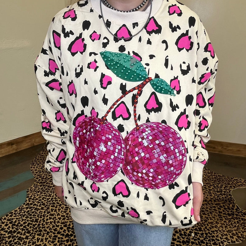 Pink Animal Print W/ Pink Cherry Long Sleeve Sweatshirt - Country Lace Boutique