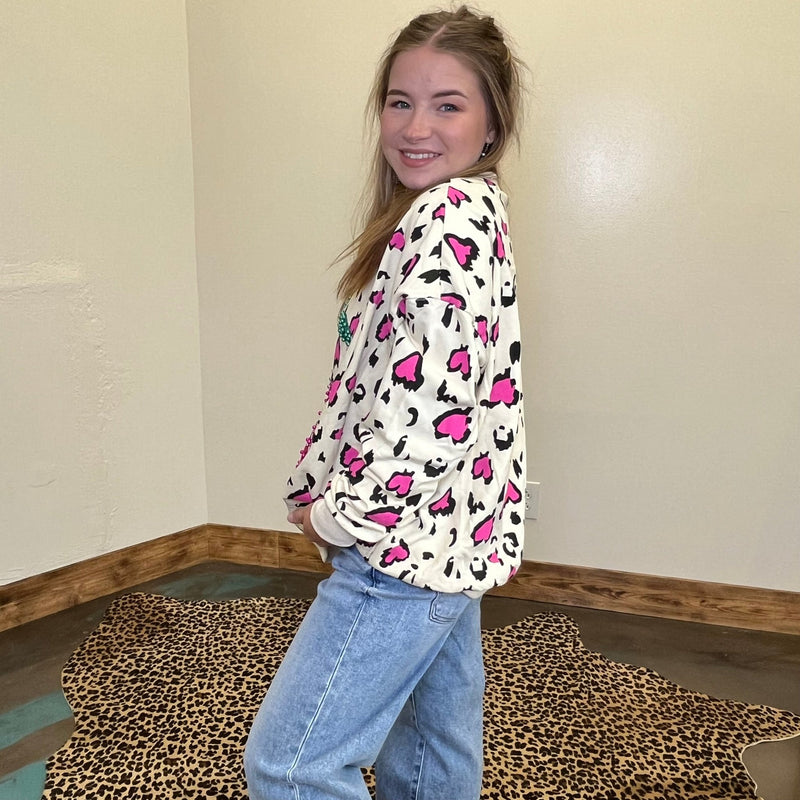 Pink Animal Print W/ Pink Cherry Long Sleeve Sweatshirt - Country Lace Boutique