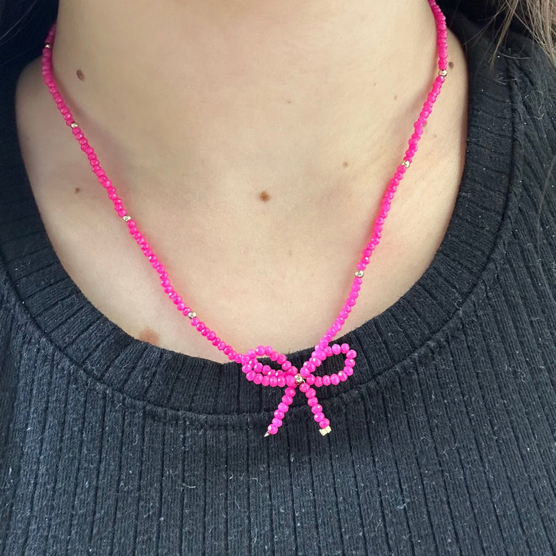 Pink Beaded Bow Fashion Necklace - Country Lace Boutique