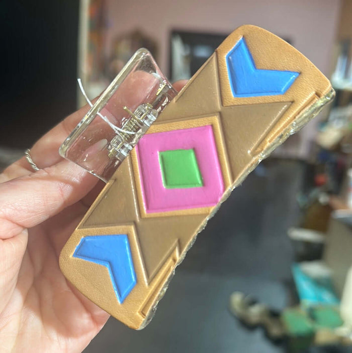 Pink & Blue Aztec Tooled Leather Hair Clip - Country Lace Boutique