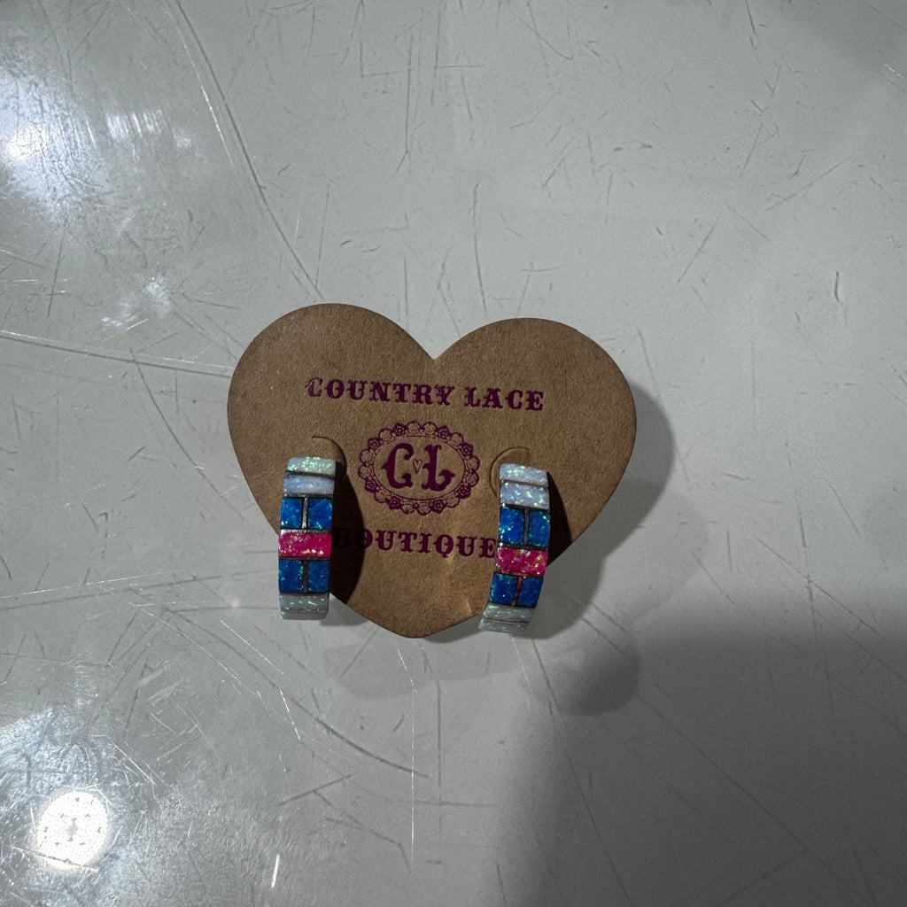 Pink Blue & White Opal Inlay Sterling Silver Earring - Country Lace Boutique