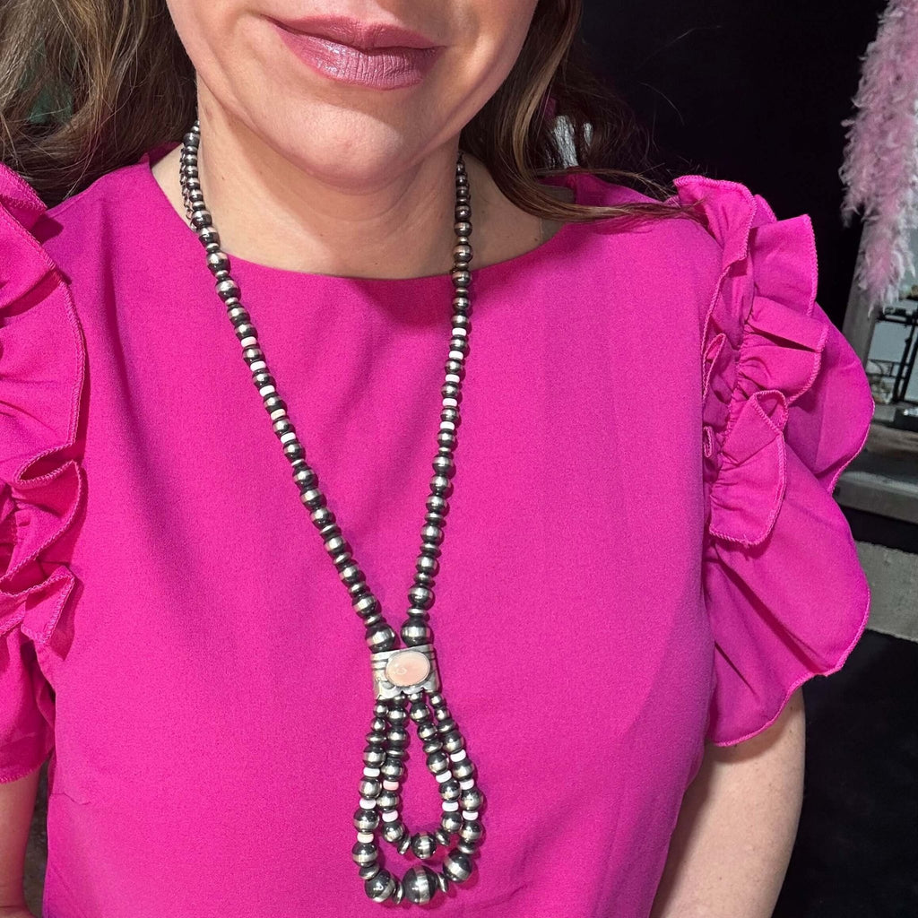 Pink Conch Jaw Claw with Multi sized Navajo Pearl Statement Necklace