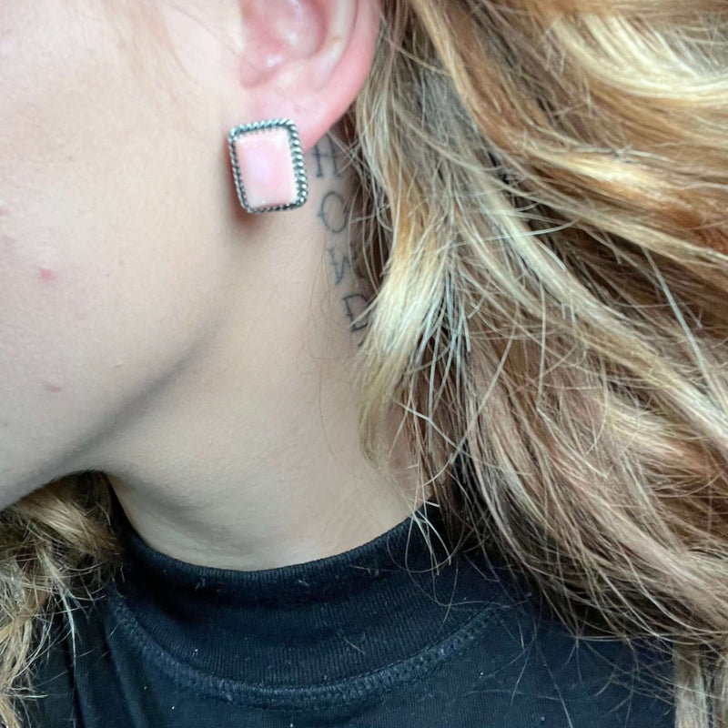 Pink Conch Rectangle Braided Stud Sterling Silver Earring - Country Lace Boutique