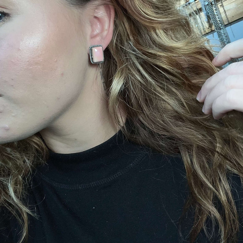 Pink Conch Rectangle Braided Stud Sterling Silver Earring - Country Lace Boutique