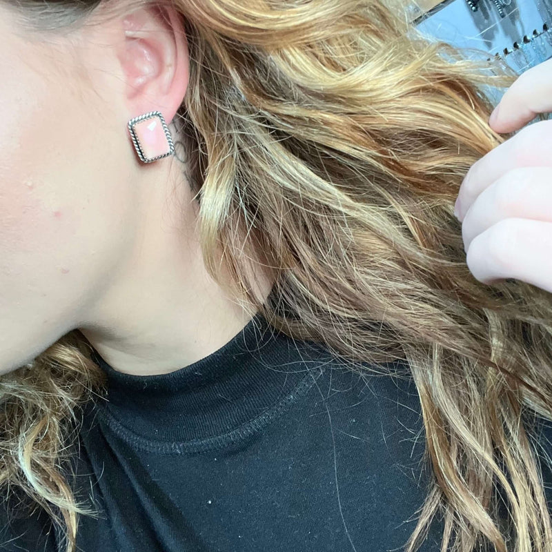 Pink Conch Rectangle Braided Stud Sterling Silver Earring - Country Lace Boutique