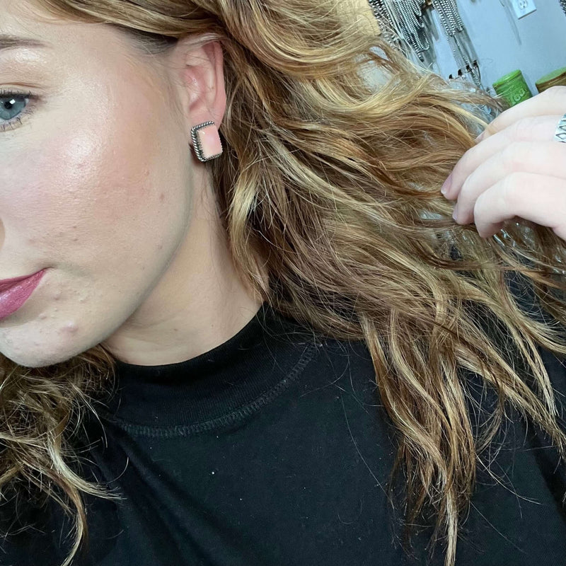 Pink Conch Rectangle Braided Stud Sterling Silver Earring - Country Lace Boutique