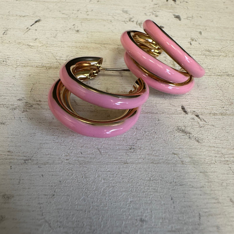 Pink & Gold 3 Hoop Post Fashion Earrings - Country Lace Boutique