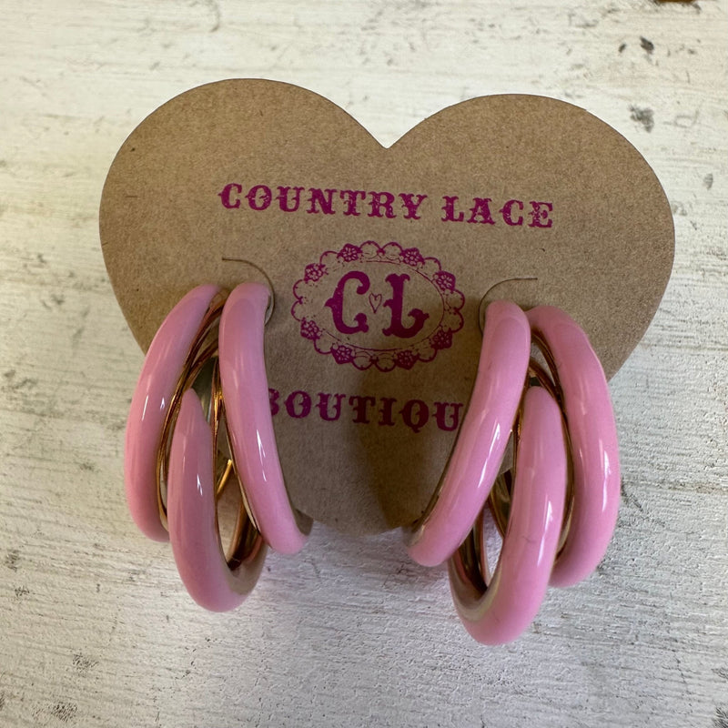 Pink & Gold 3 Hoop Post Fashion Earrings - Country Lace Boutique