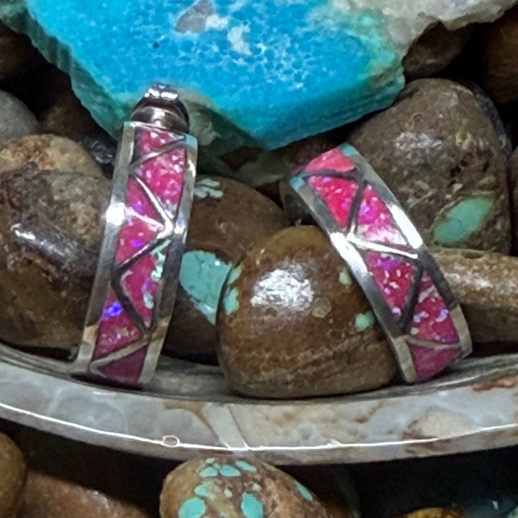 Pink Opal Inlay Huggie Post Stud Sterling Silver Earring - Country Lace Boutique
