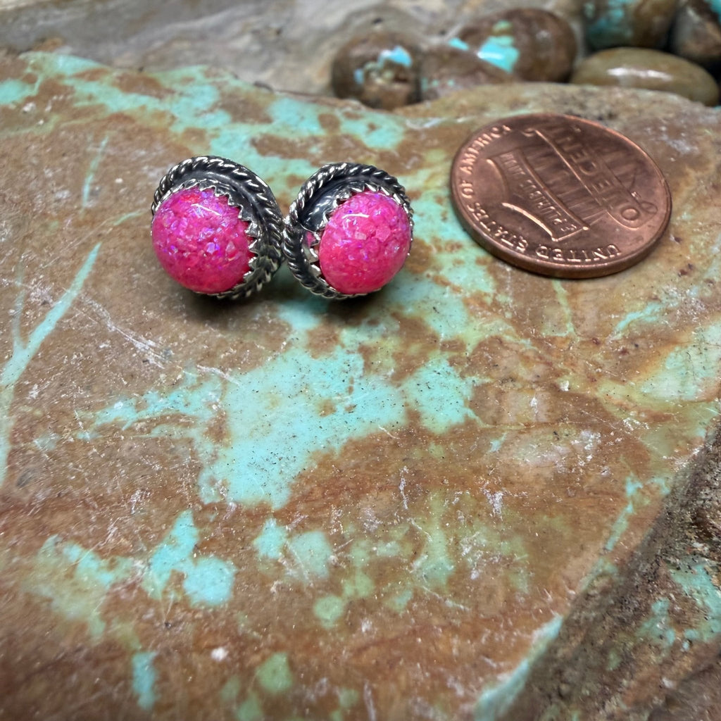 Pink Opal Round Stud Post Sterling Silver Earring - Country Lace Boutique
