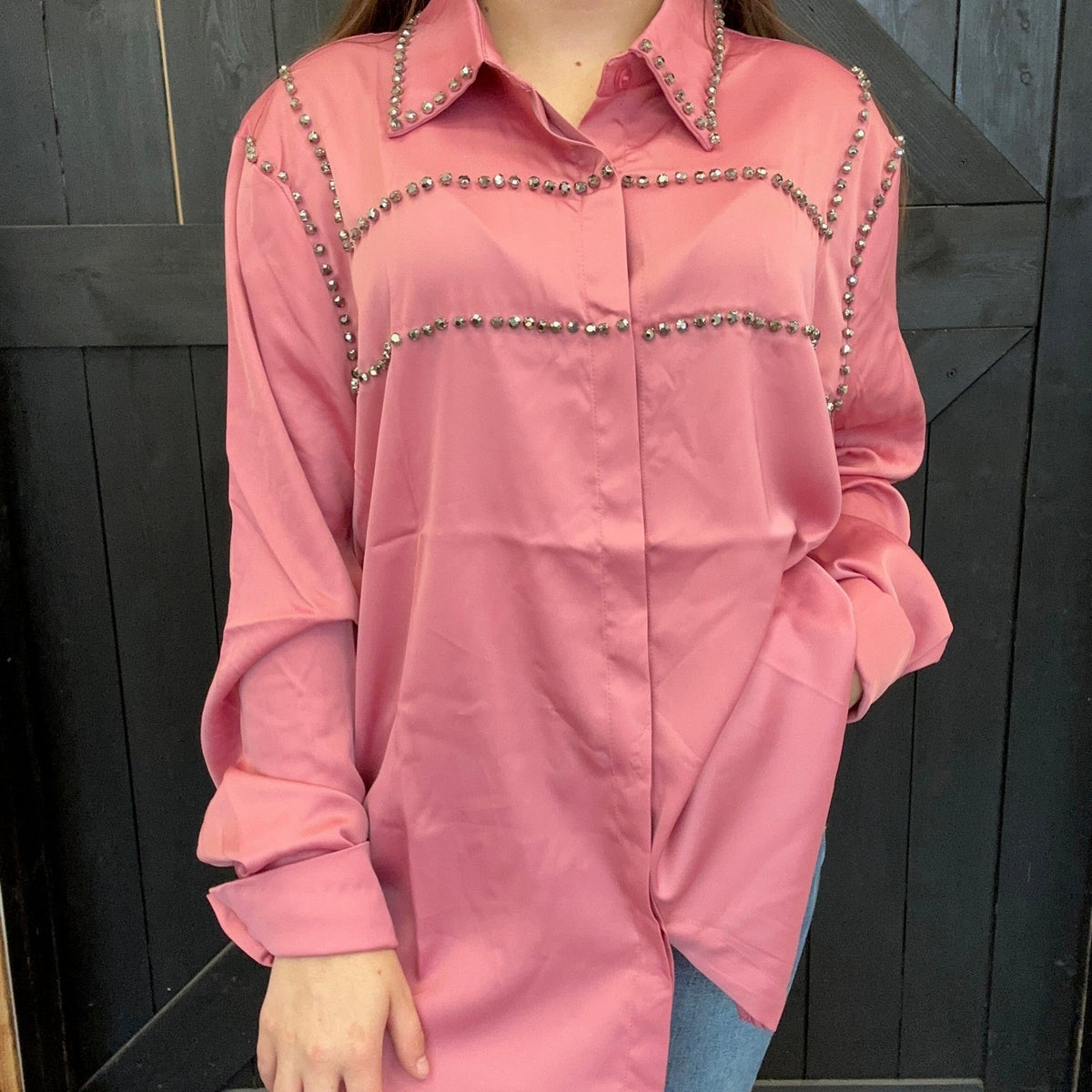 Pink Silky Studded Long Sleeve Button Top - Country Lace Boutique