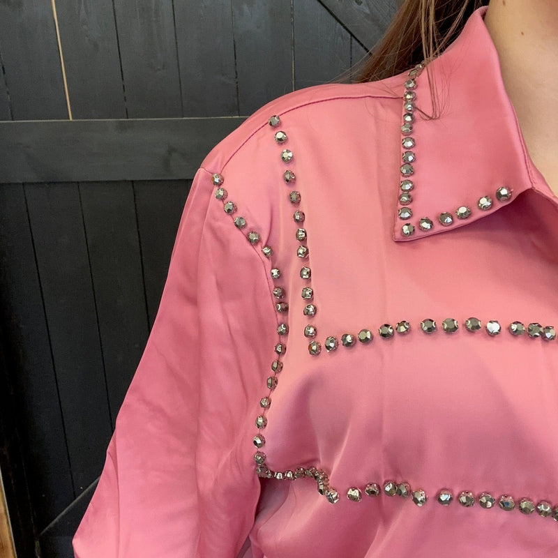 Pink Silky Studded Long Sleeve Button Top - Country Lace Boutique
