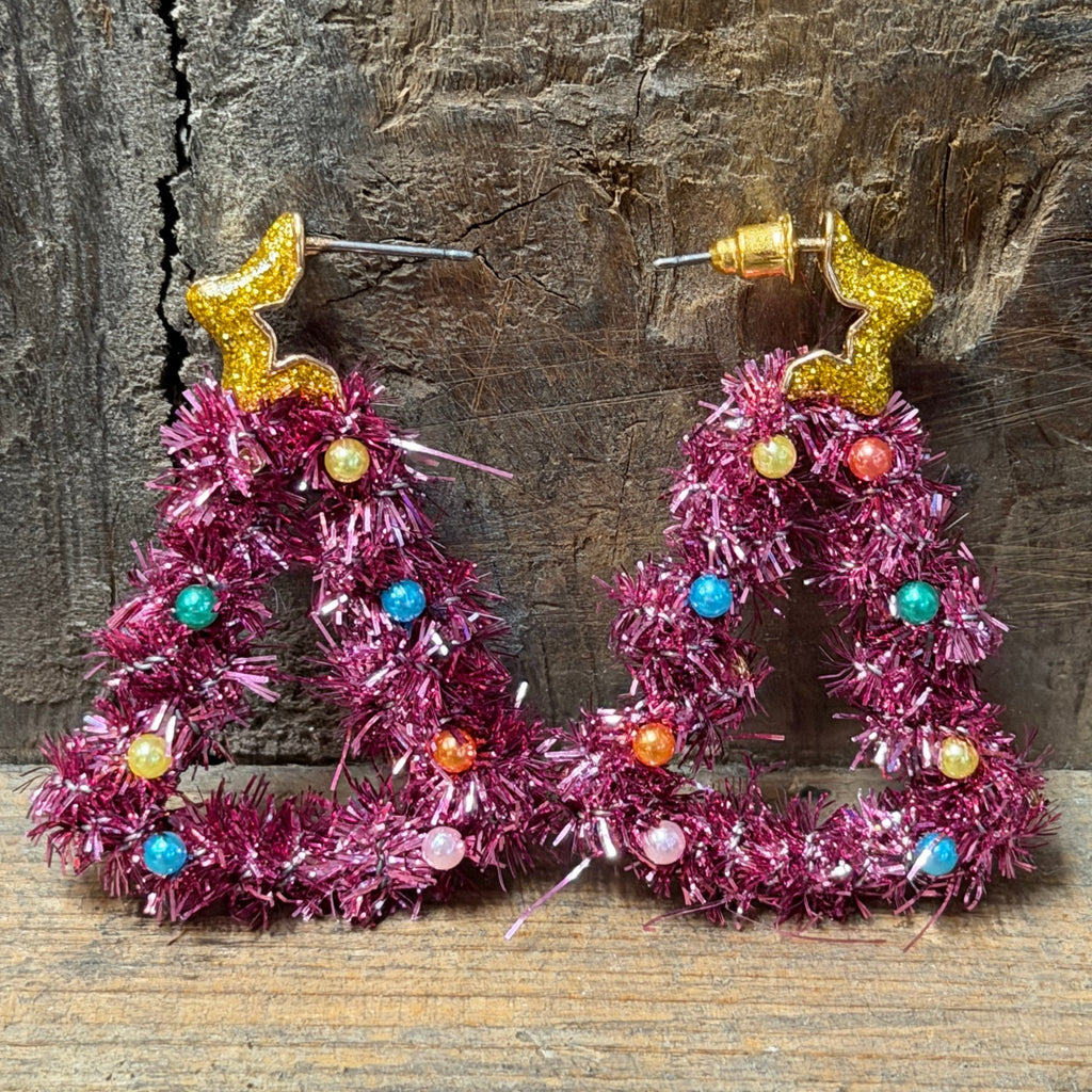 Pink Tinsel Christmas Tree Dangle Fashion Earrings - Country Lace Boutique