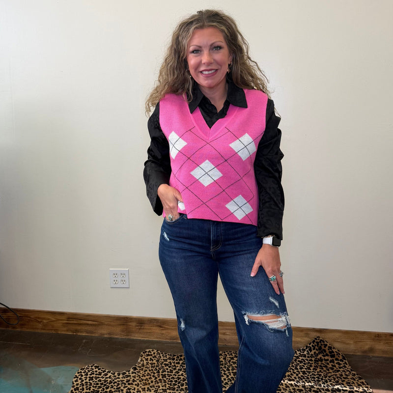Pink V Neck One Size Sweater Vest - Country Lace Boutique