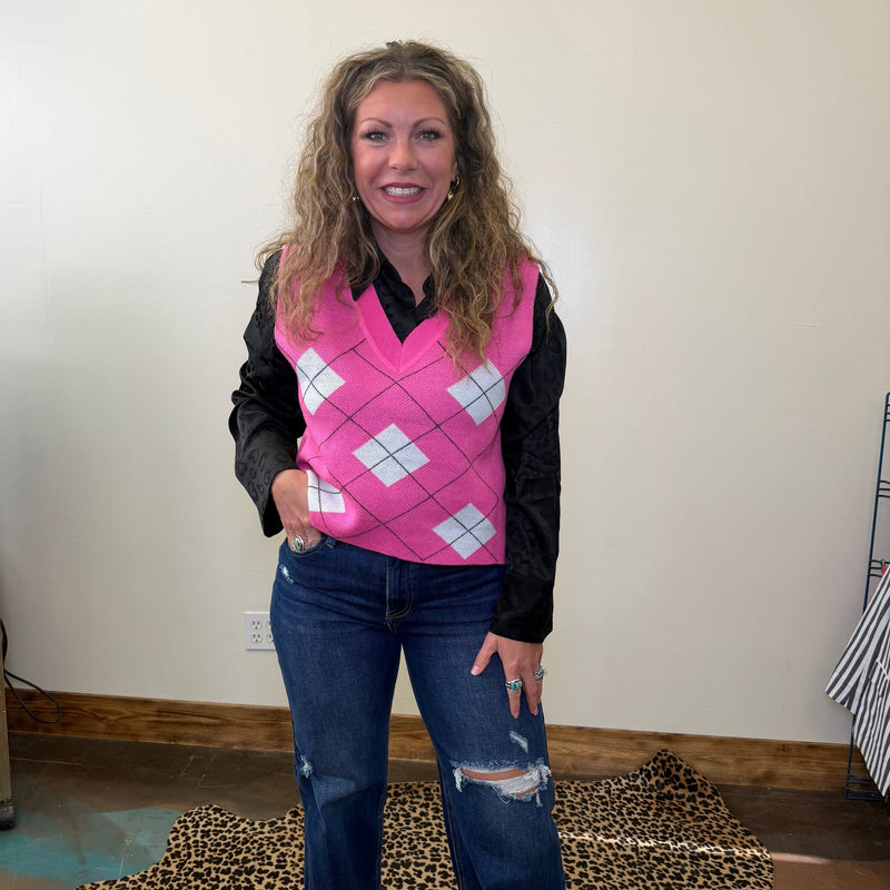 Pink V Neck One Size Sweater Vest - Country Lace Boutique