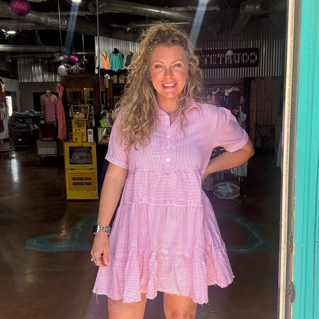 Pink & White Stripe V Neck Ruffle Short Dress – Country Lace Boutique Pink & White Stripe V Neck Ruffle Short Dress – Country Lace Boutique