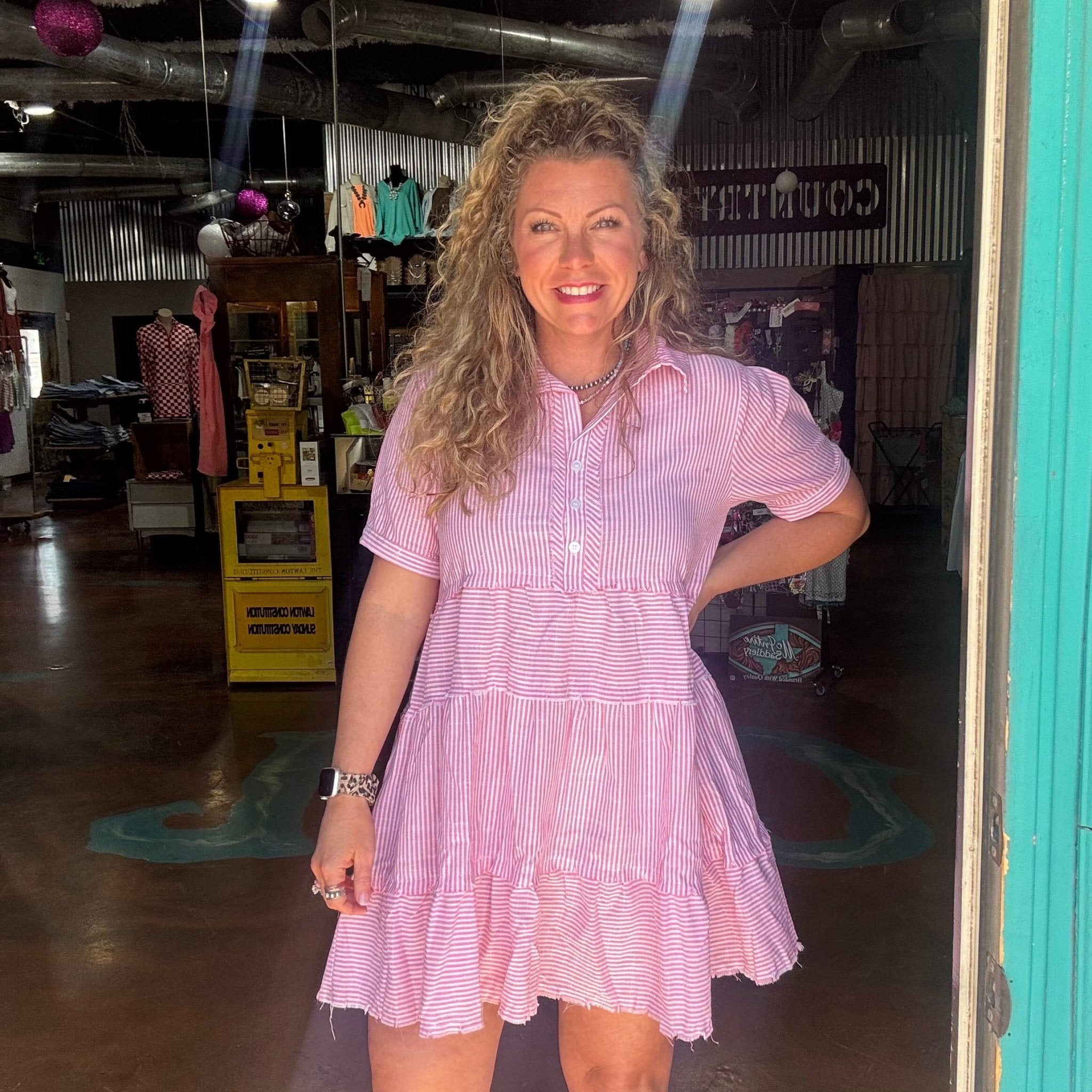 Pink & White Stripe V Neck Ruffle Short Dress – Country Lace Boutique